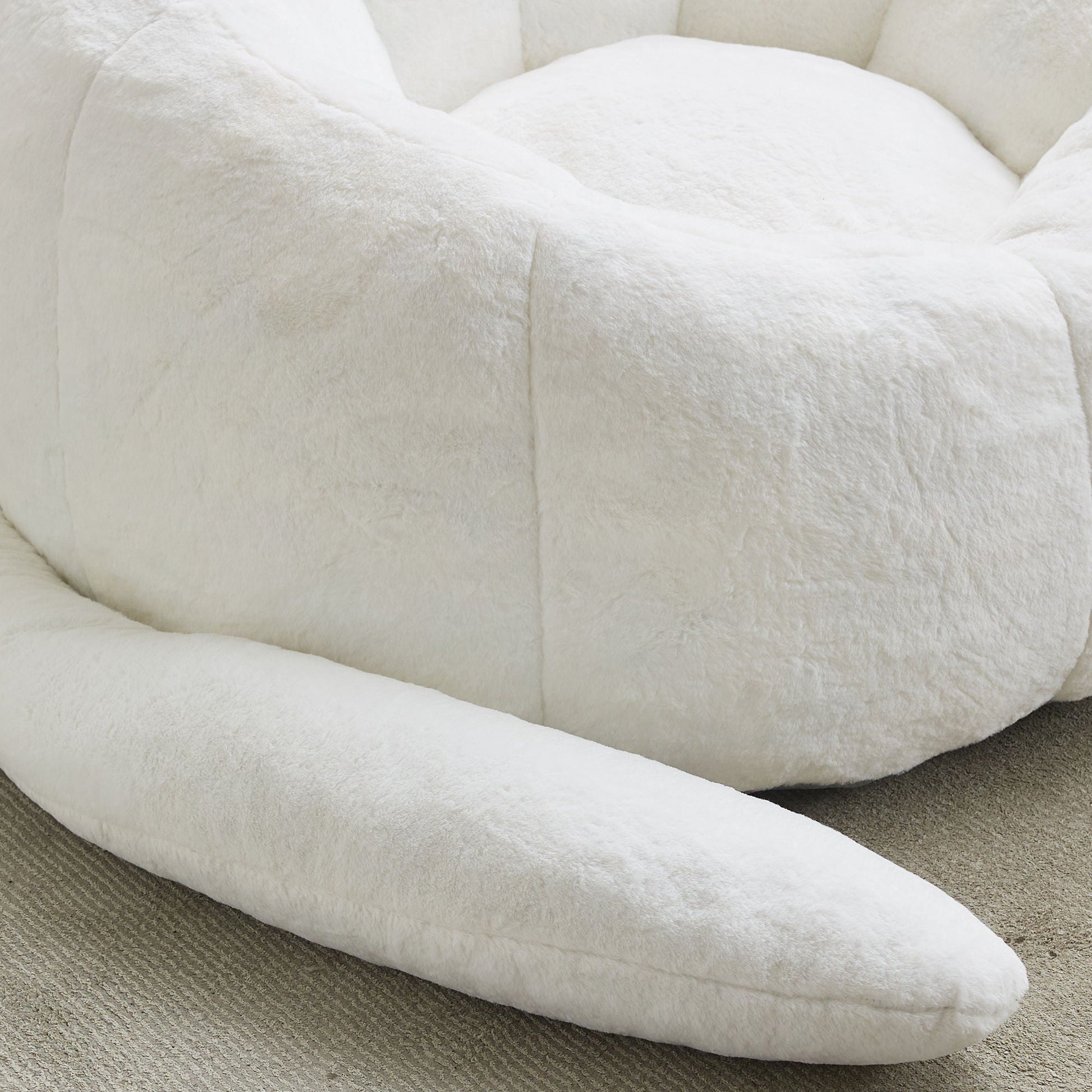 Cat shaped bean bag sofa with long tail, white plush fabric, cozy lounge on beige carpet on Tampa Home & Garden Store