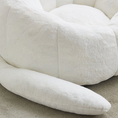 Cat shaped bean bag sofa with long tail, white plush fabric, cozy lounge on beige carpet on Tampa Home & Garden Store