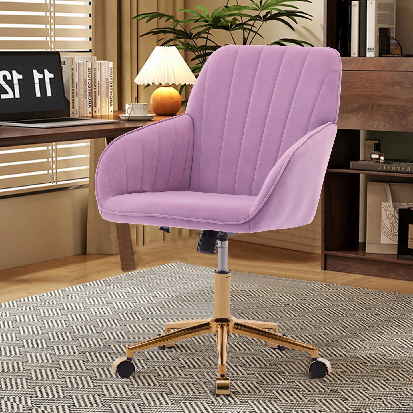 Adjustable ergonomic swivel office chair in lavender fabric with a gold-tone base on Tampa Home & Garden Store