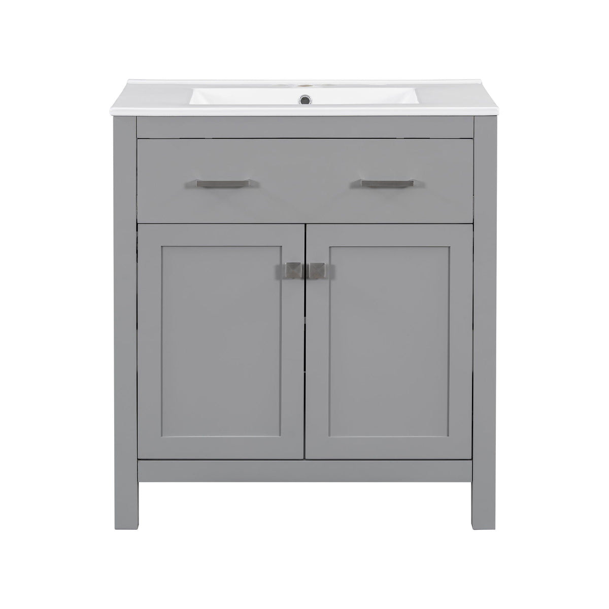 Modern bathroom vanity with white ceramic sink, gray cabinet and chrome handles HouseOfZazla on Tampa Home & Garden Store