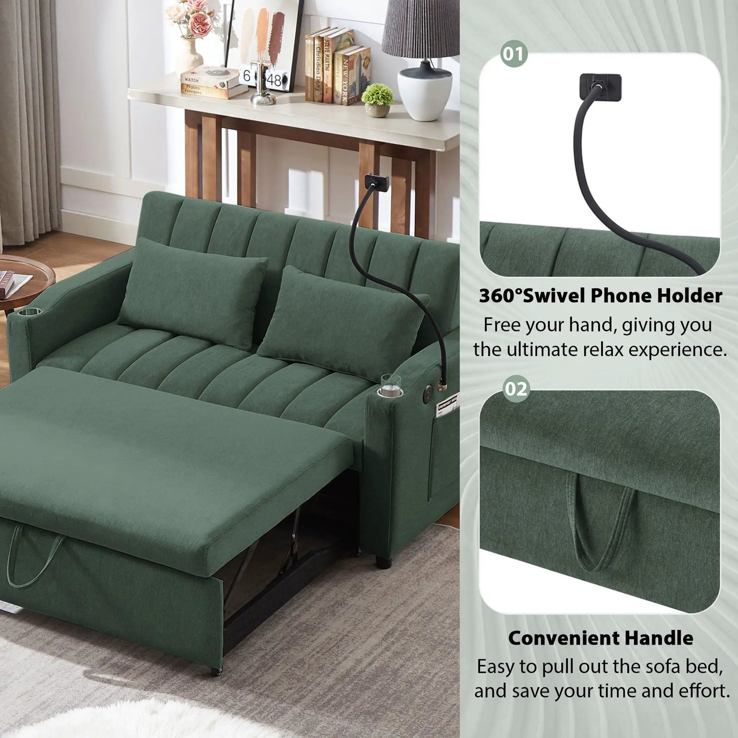 Green fabric sleeper loveseat with pull-out bed, cupholders and side pockets, phone holder on Tampa Home & Garden Store