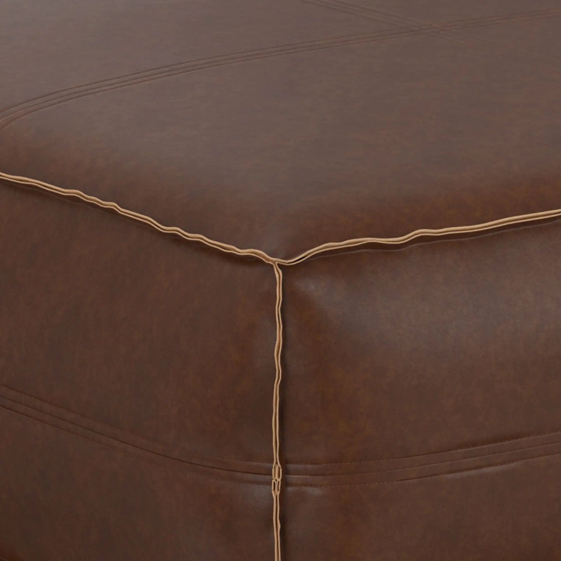 Brody large square coffee table pouf in brown leather with beige piping on Tampa Home & Garden Store