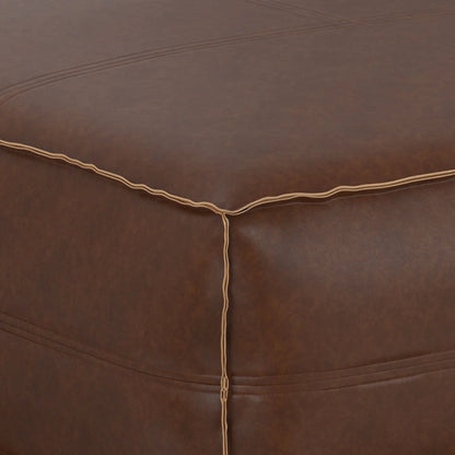 Brody large square coffee table pouf in brown leather with beige piping on Tampa Home & Garden Store