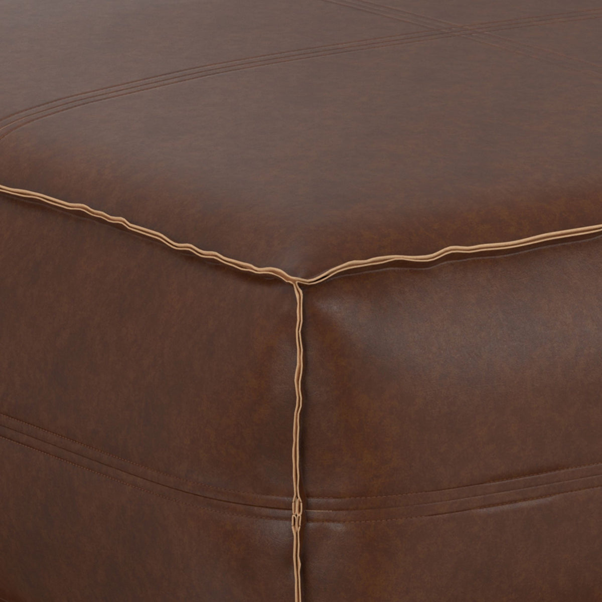 Large square coffee table pouf with vegan cover in brown faux leather, piped seams on Tampa Home & Garden Store