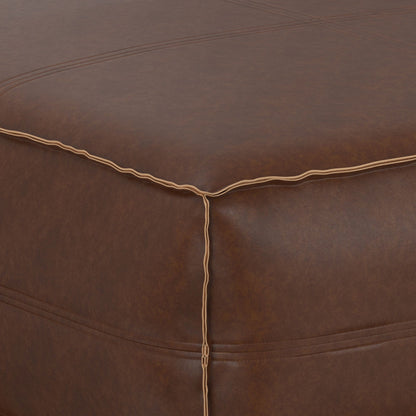 Large square coffee table pouf with vegan cover in brown faux leather, piped seams on Tampa Home & Garden Store