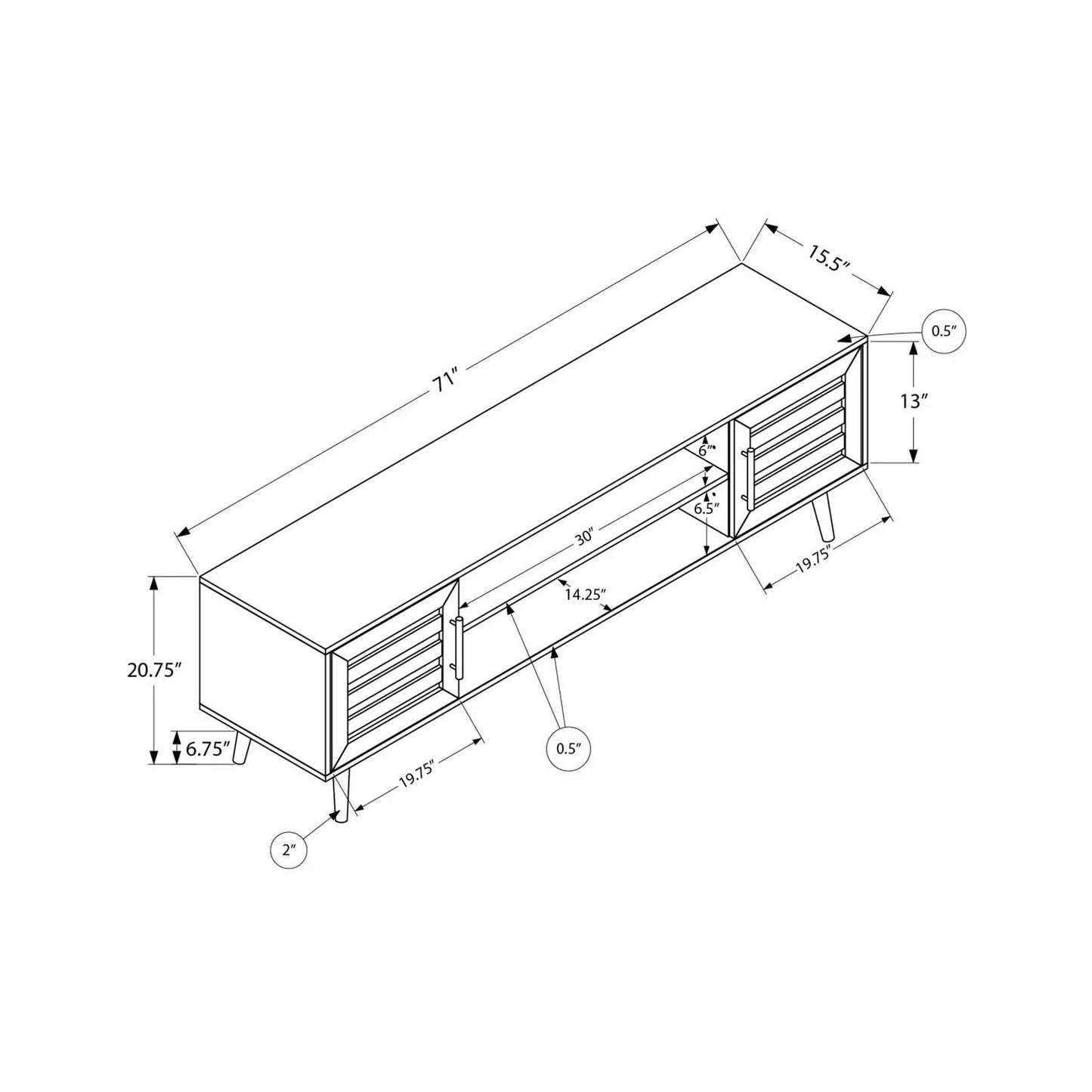 TV Stand Console with storage cabinet in transitional style, blueprint diagram showing 71in length on Tampa Home & Garden Store