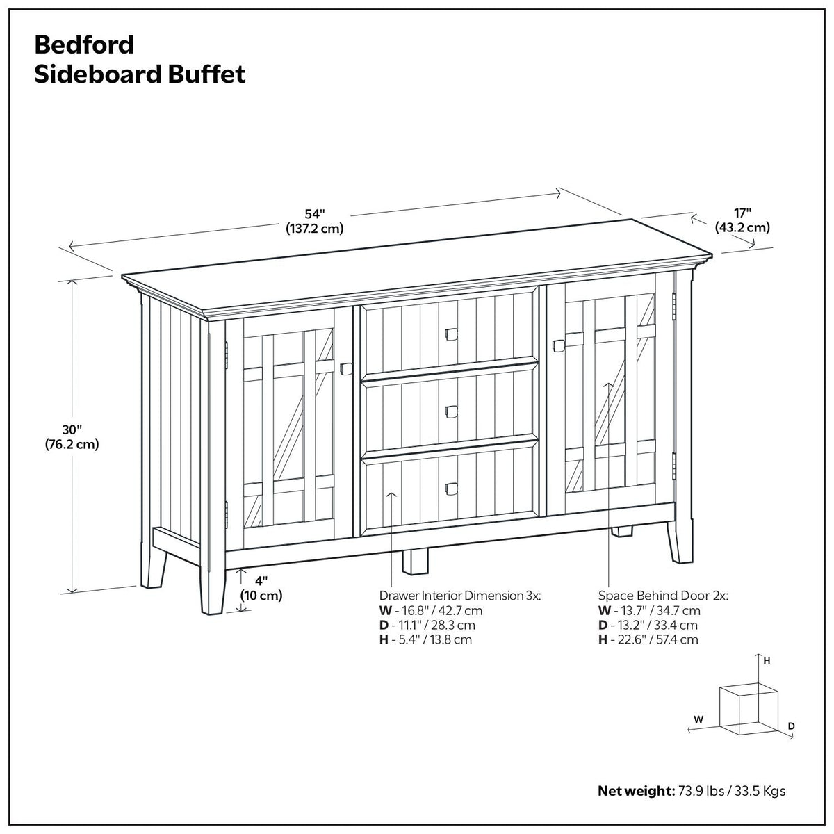 White sideboard buffet with adjustable storage, 54-inch wide, glass-front, HouseOfZazla on Tampa Home & Garden Store