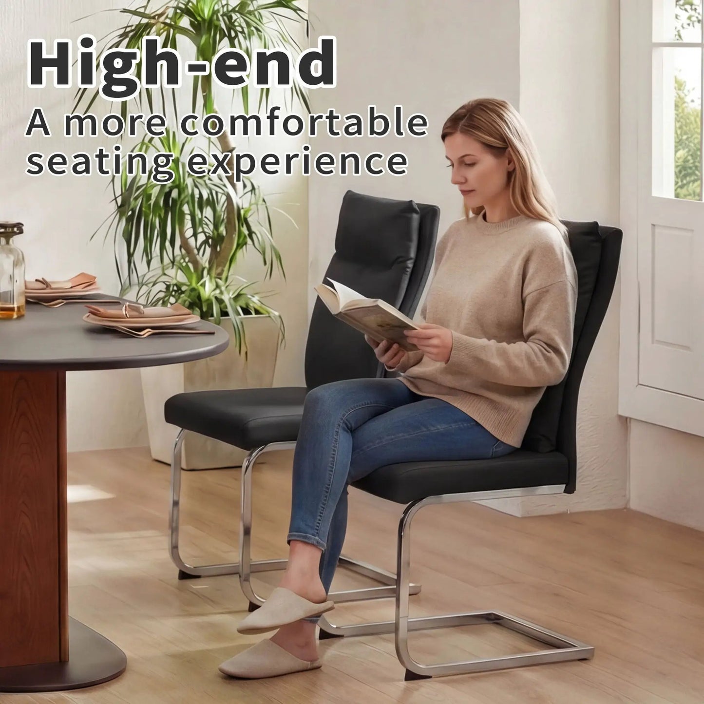 Modern dining chair set with cushion backrest, 2 pieces, black faux-leather seats and chrome legs on Tampa Home & Garden Store