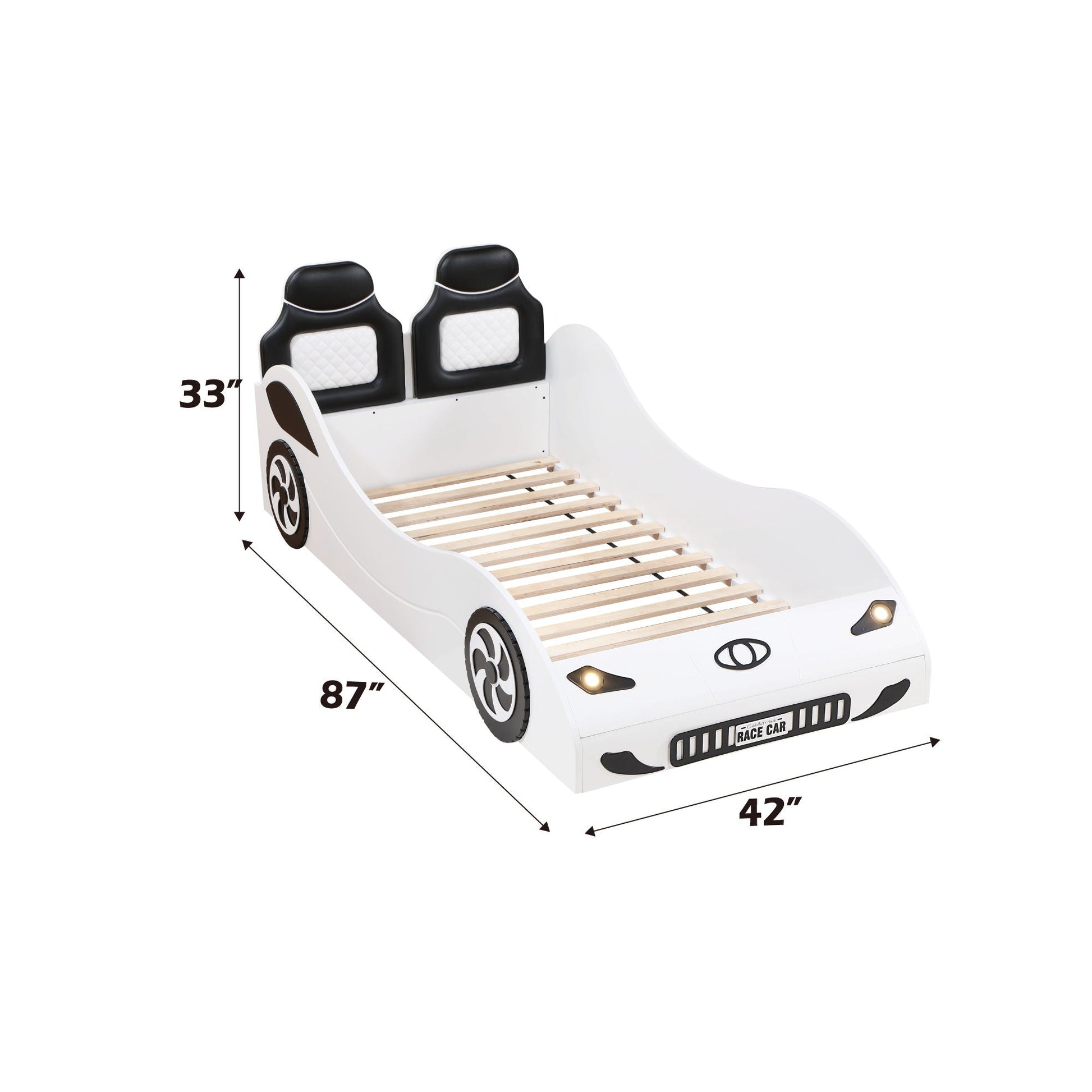 Colen Twin Car Bed With LED white car bed with black seats and wooden slat base by HouseOfZazla on Tampa Home & Garden Store