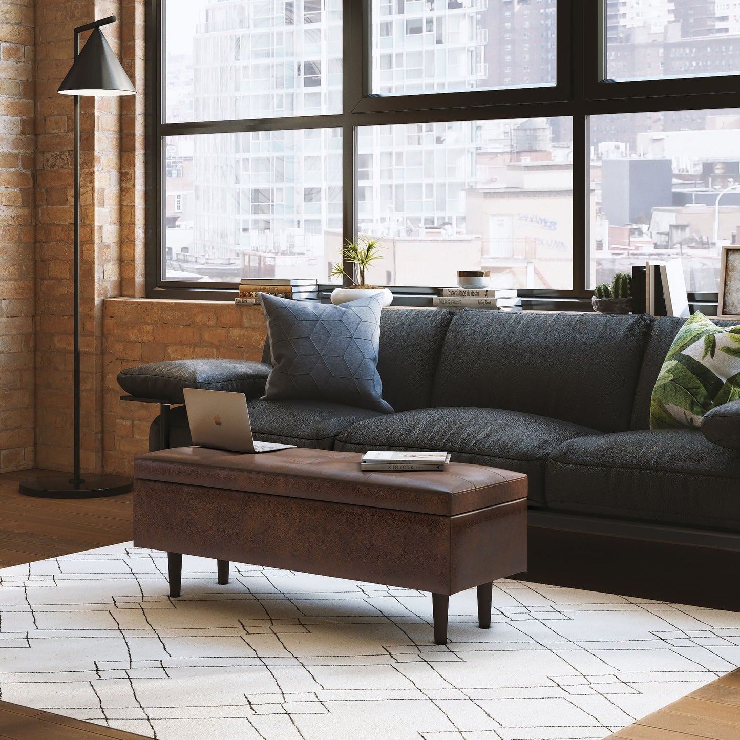 Shay large square coffee table storage ottoman in brown leather, mid-century style on Tampa Home & Garden Store