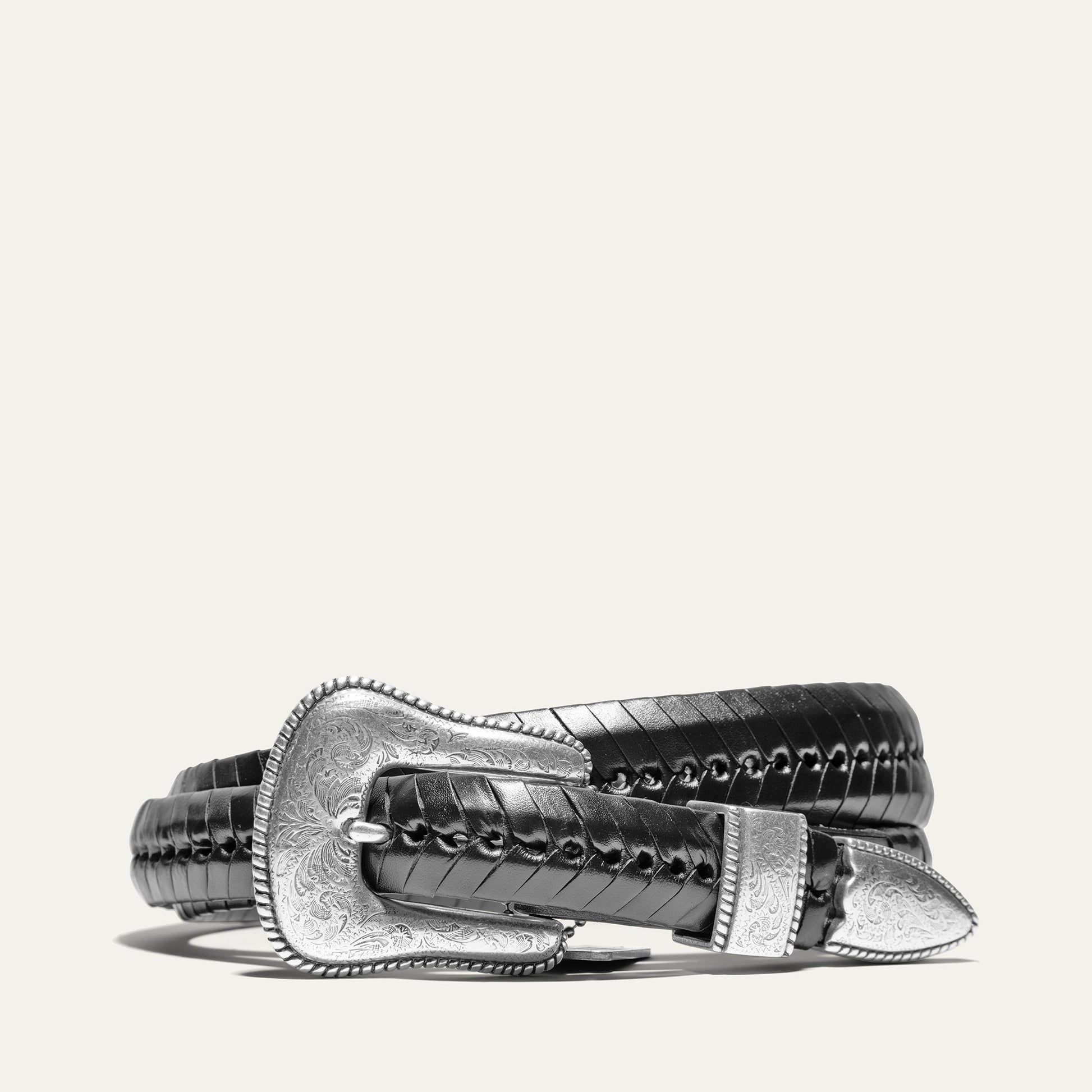 Western Lace Belt by Will Leather Goods; black leather with engraved silver buckle on Tampa Home & Garden Store