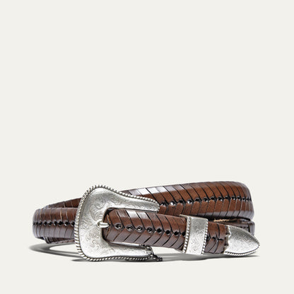 Western Lace Belt by Will Leather Goods, brown braided leather with silver floral buckle on Tampa Home & Garden Store