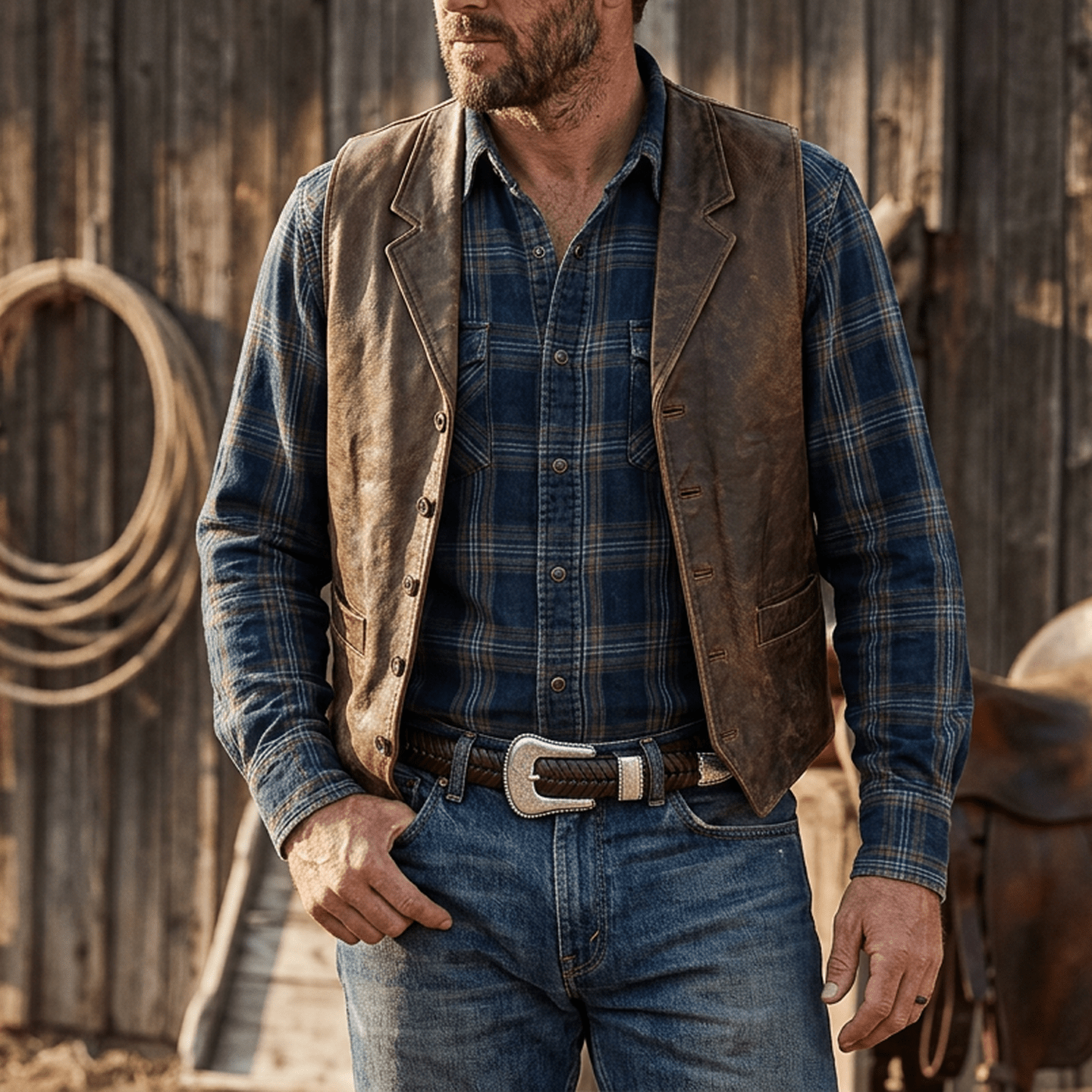 Western Lace Belt by Will Leather Goods, brown leather belt with buckle worn with denim on Tampa Home & Garden Store