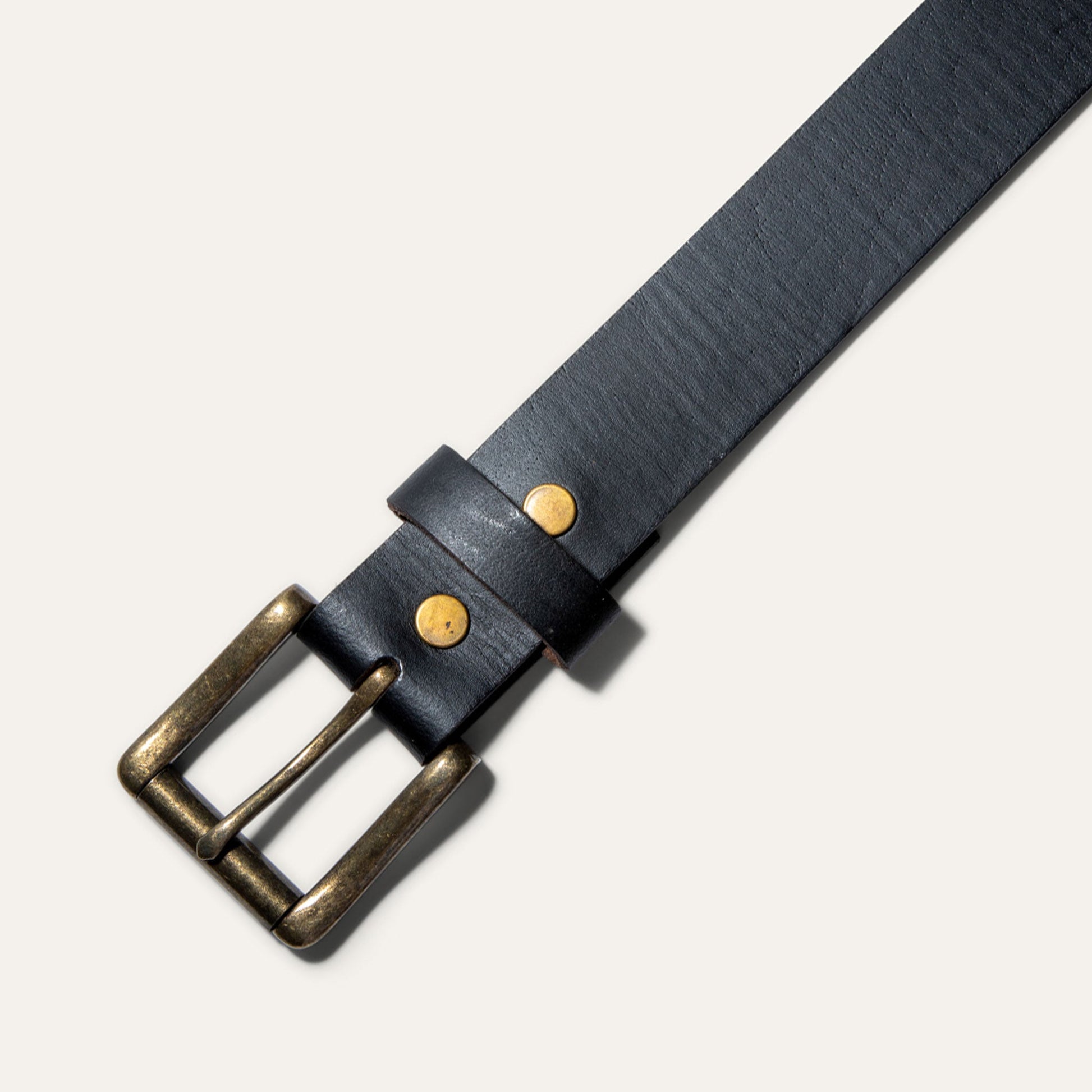 Black Edge Jean Belt by Will Leather Goods, dark leather with brass buckle accents on Tampa Home & Garden Store