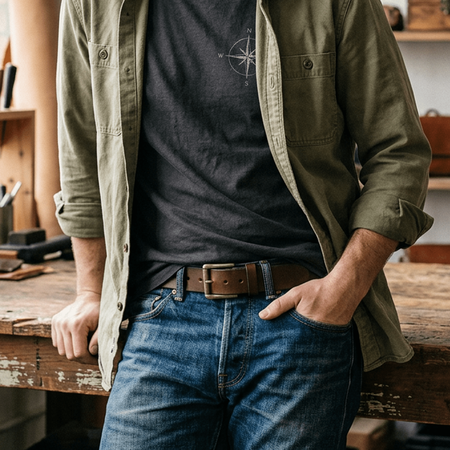 Will Leather Goods Black Edge Jean Belt brown belt with brass buckle worn with jeans on Tampa Home & Garden Store