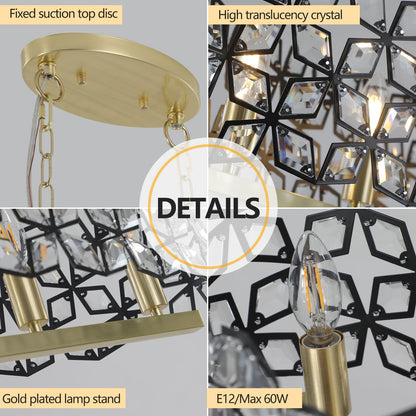 39-inch Contemporary Crystal and Black-Gold Pendant Chandelier by HouseOfZazla, black geometric frame with crystal prisms on Tampa Home & Garden Store