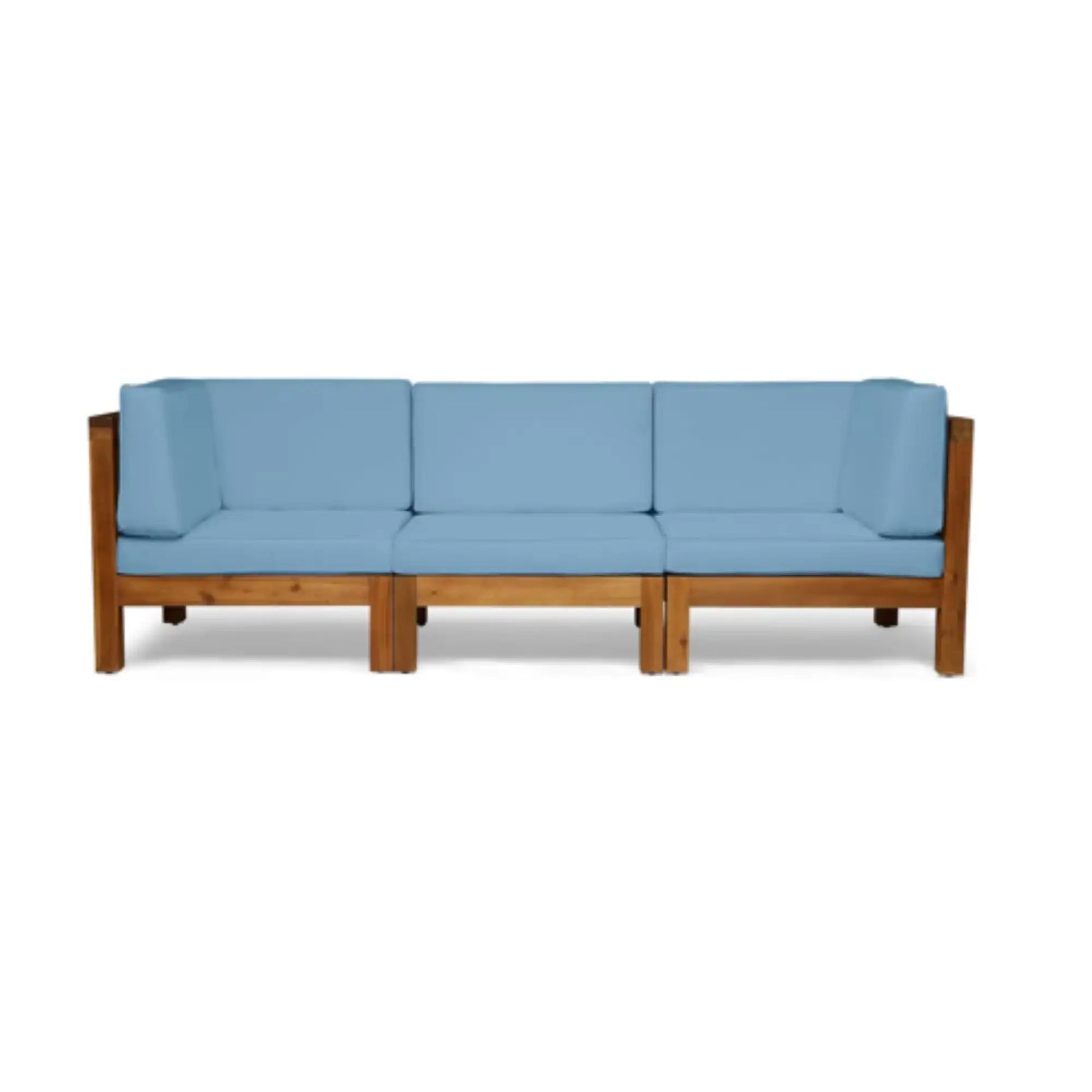 Oana 3 Piece Sofa Set blue upholstery with wooden frame and water resistant cushions on Tampa Home & Garden Store
