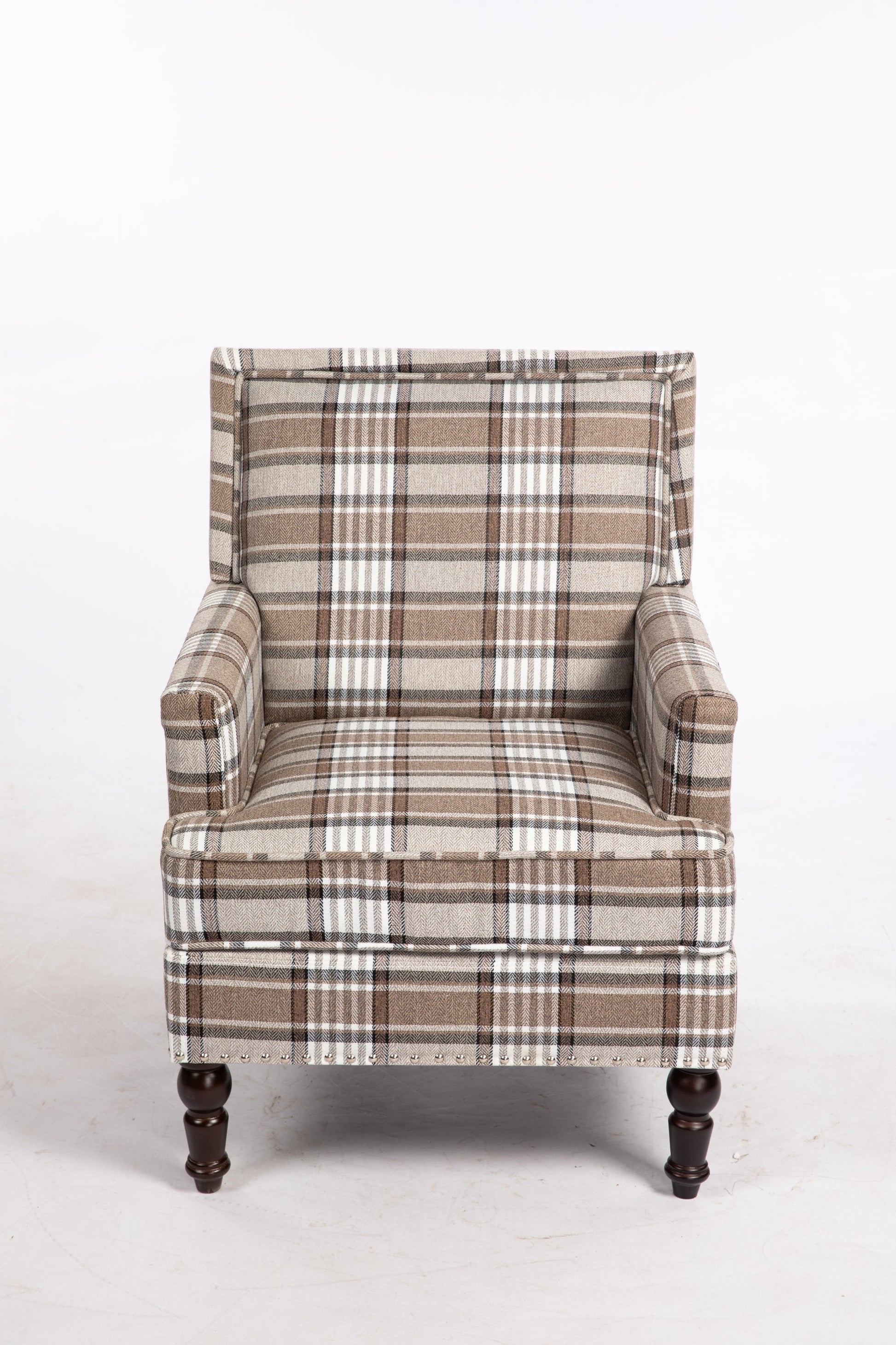 Upholstered Accent Chair in brown plaid linen with nailhead trim and wood legs by HouseOfZazla on Tampa Home & Garden Store