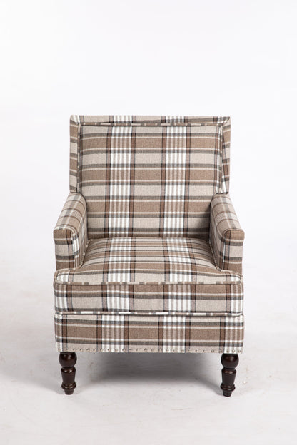 Upholstered Accent Chair in brown plaid linen with nailhead trim and wood legs by HouseOfZazla on Tampa Home & Garden Store