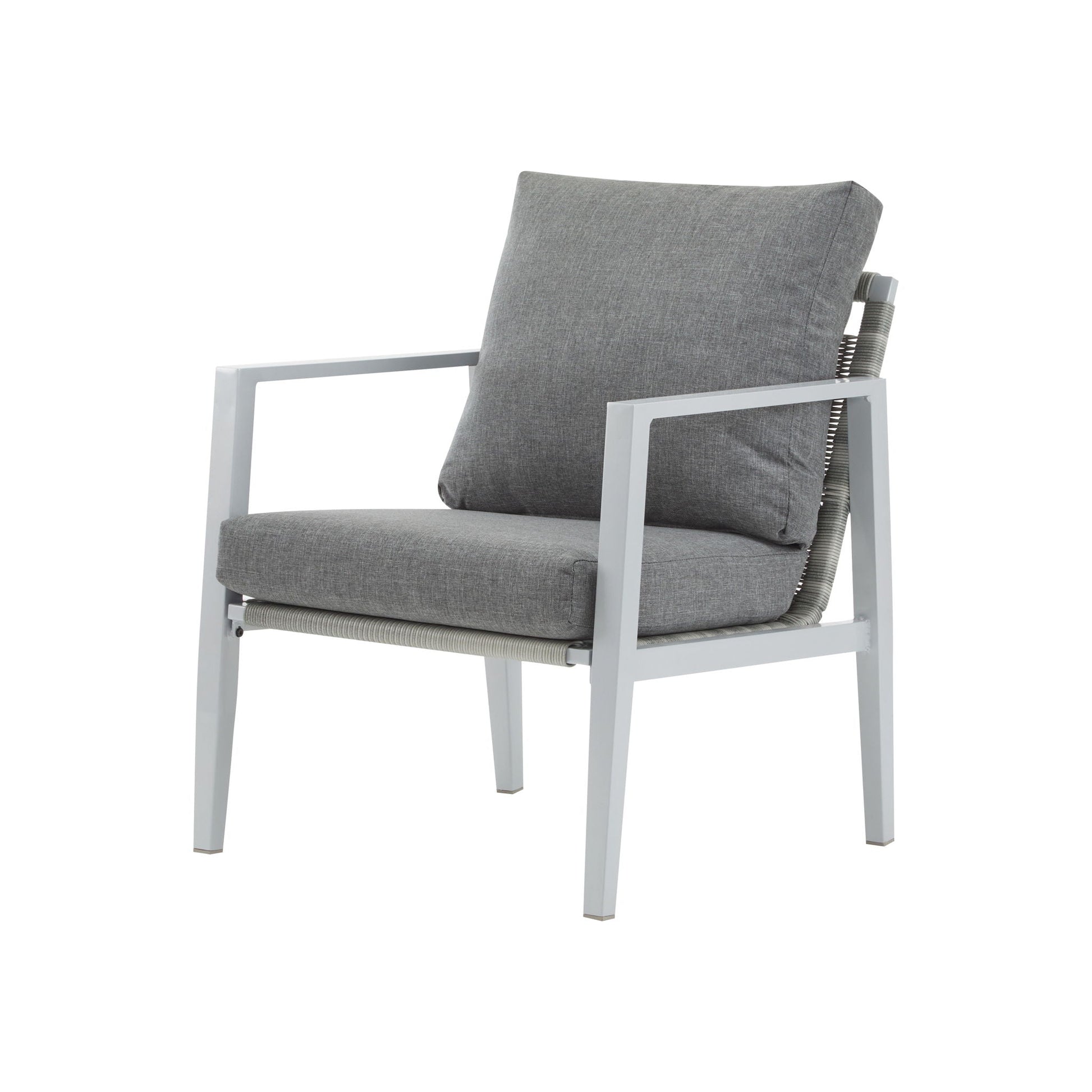 Modern lounge chair with rope accents and cushions, HouseOfZazla, grey upholstery, white frame on Tampa Home & Garden Store