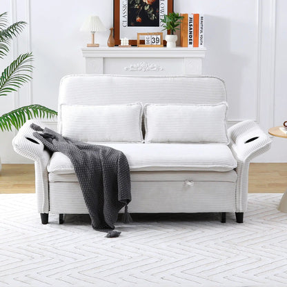 White fabric sleeper sofa bed with textured weave and gray knit throw on Tampa Home & Garden Store