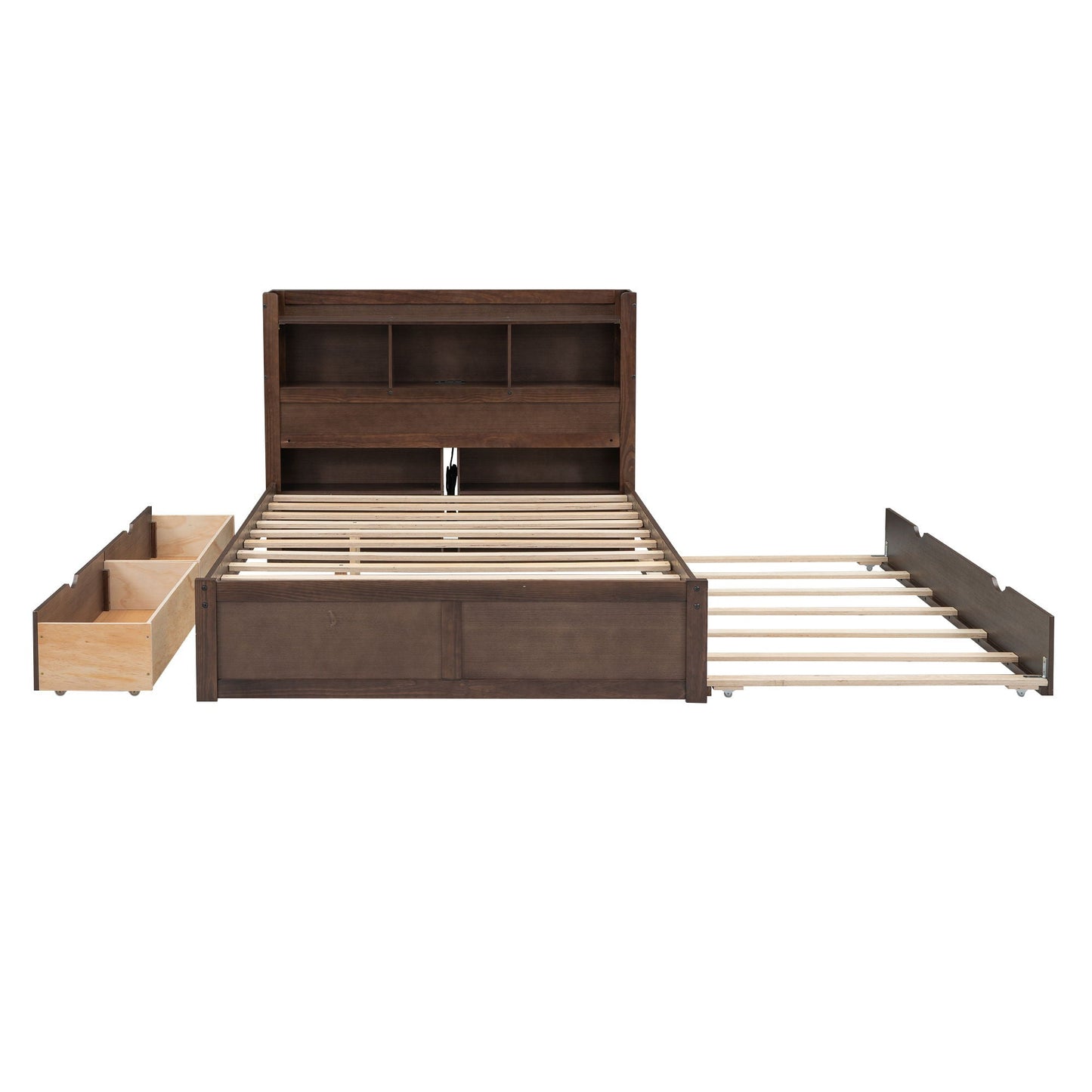 Dark brown storage platform bed with pull-out shelves, trundle and headboard cubbies on Tampa Home & Garden Store