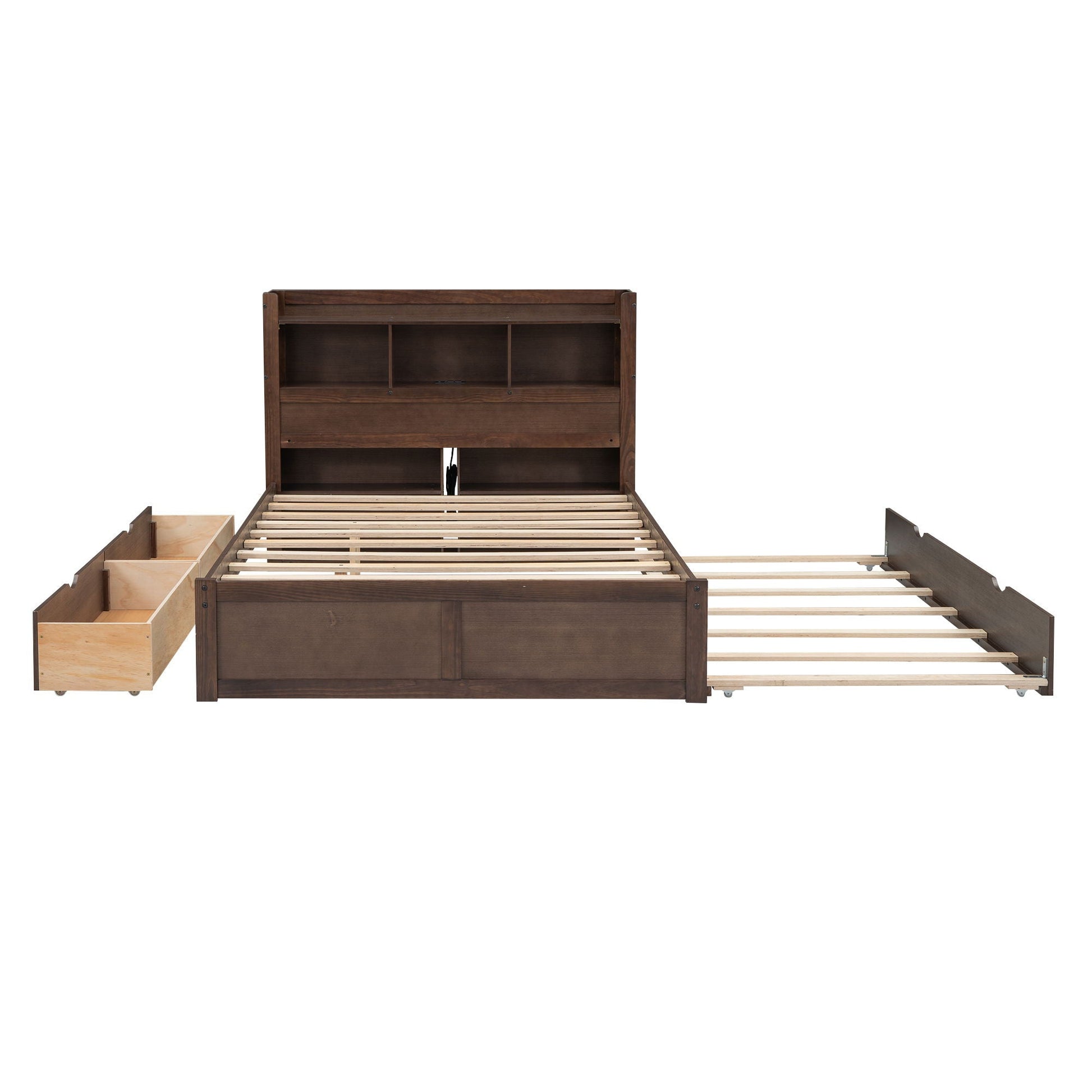 Dark brown storage platform bed with pull-out shelves, trundle and headboard cubbies on Tampa Home & Garden Store