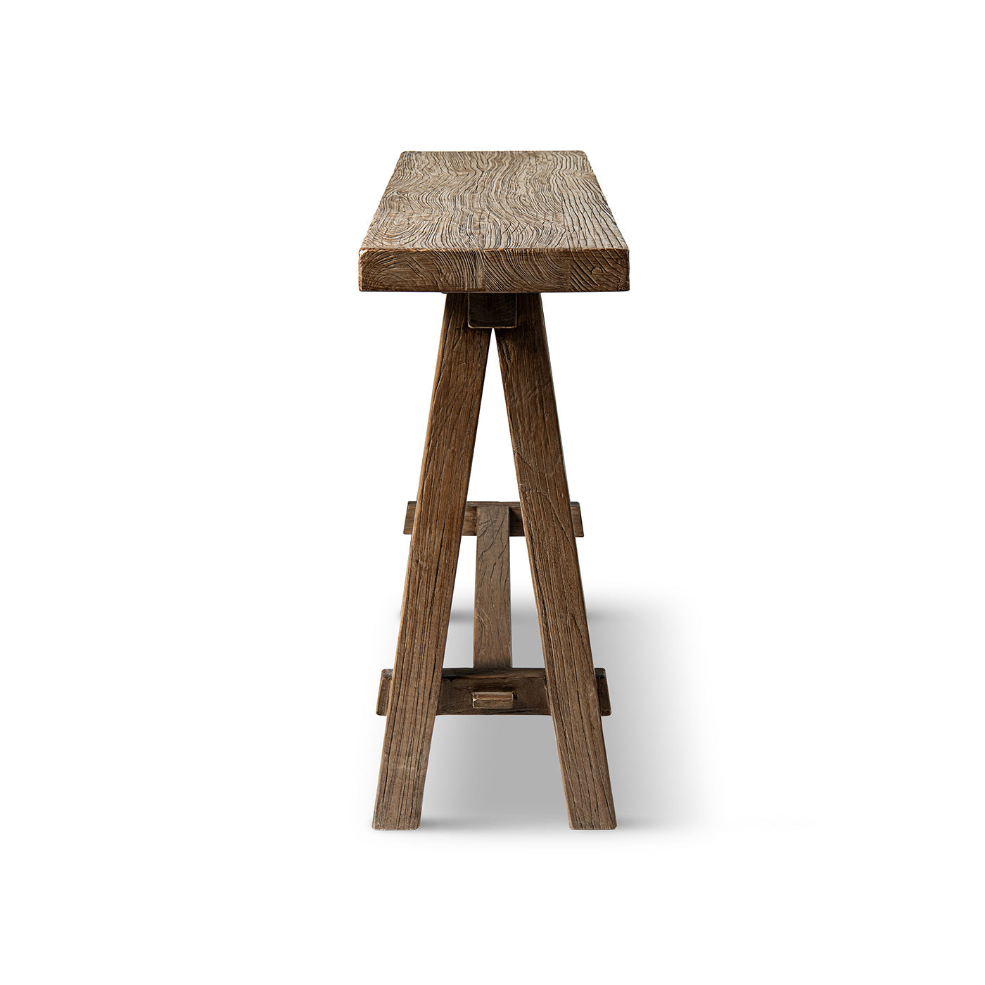 Hawthorne 60'' solid reclaimed elm trestle console table with rustic grain and warm finish on Tampa Home & Garden Store