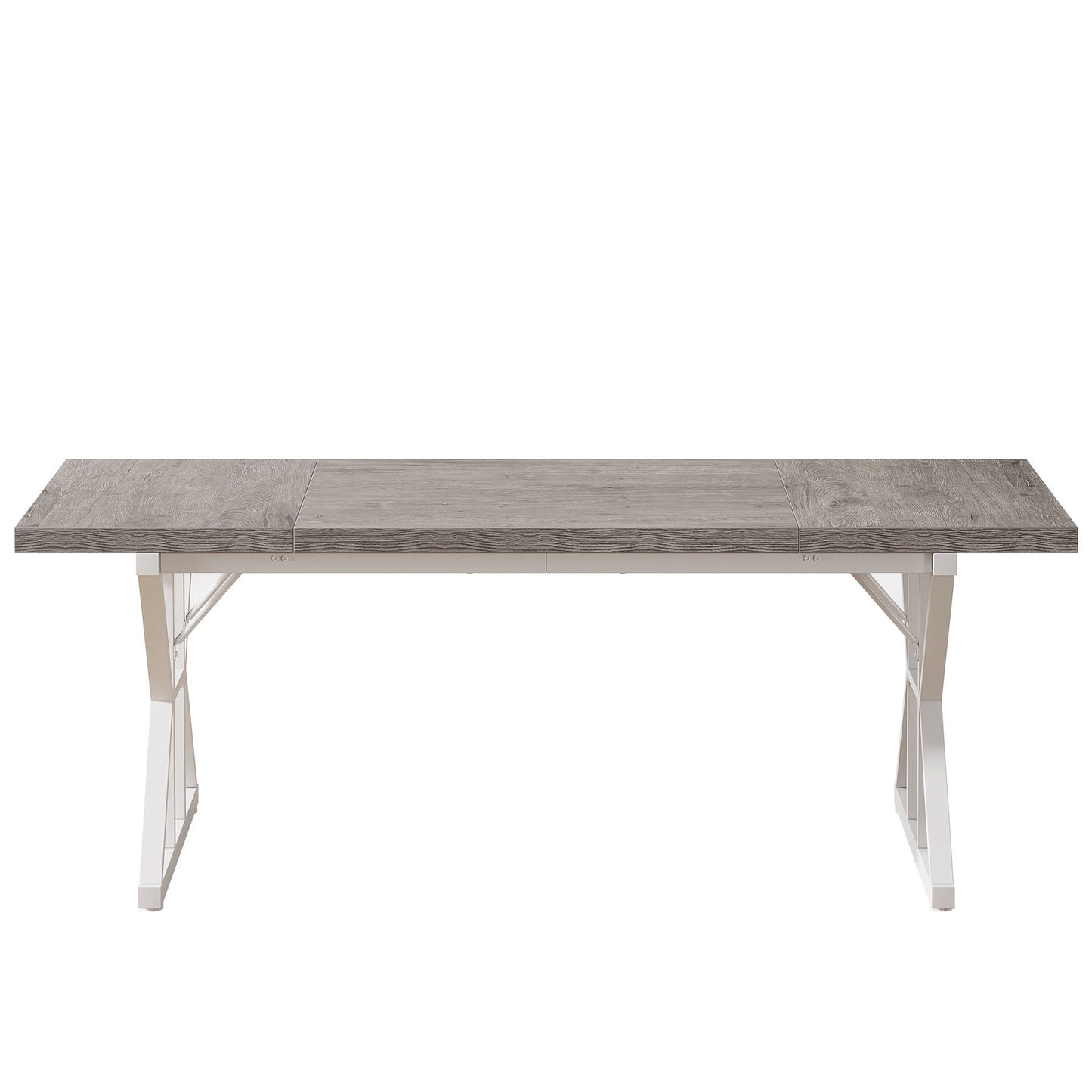 Rectangular dining table with grey wood-grain top and white X-trestle metal legs on Tampa Home & Garden Store