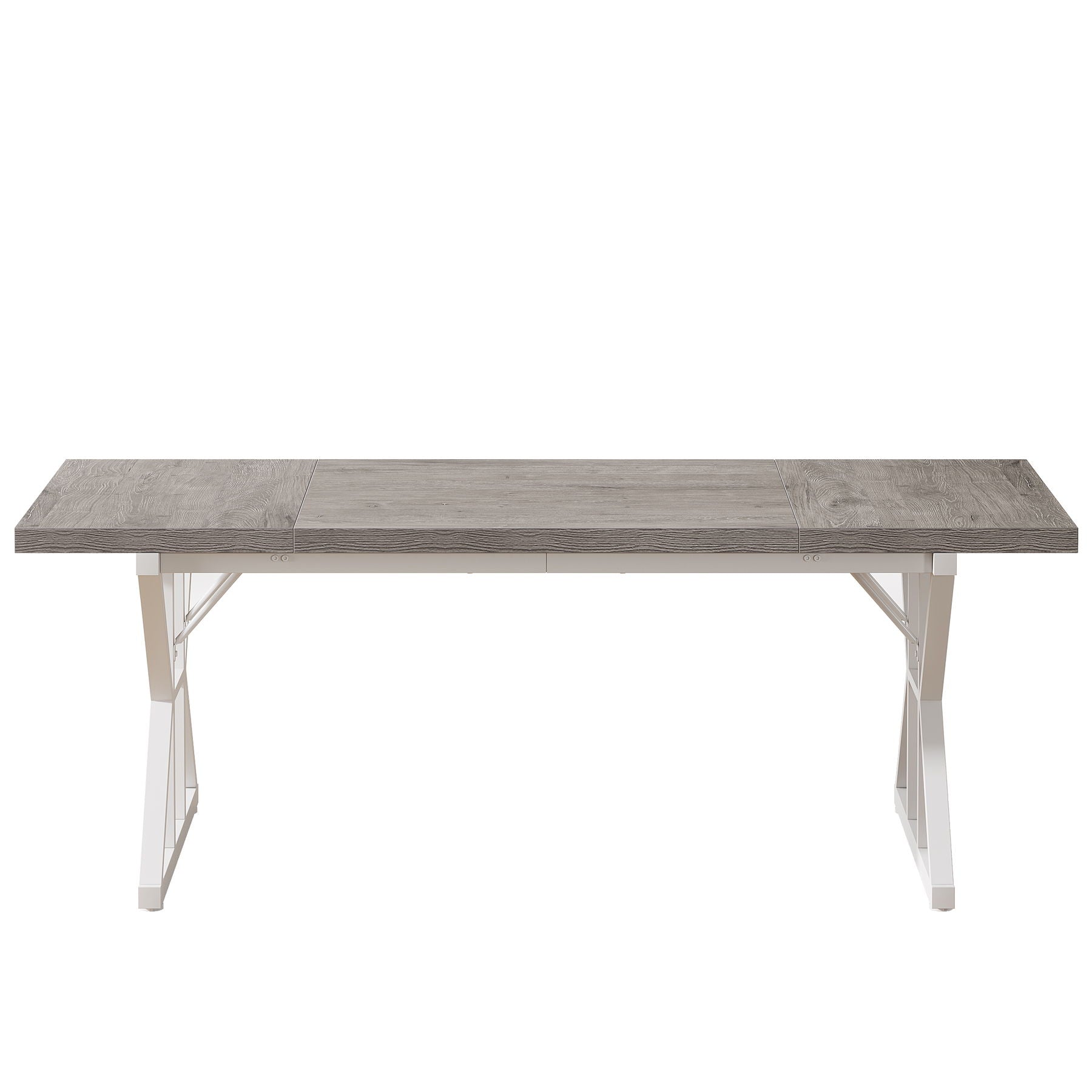 Rectangular dining table with grey wood-grain top and white X-trestle metal legs on Tampa Home & Garden Store
