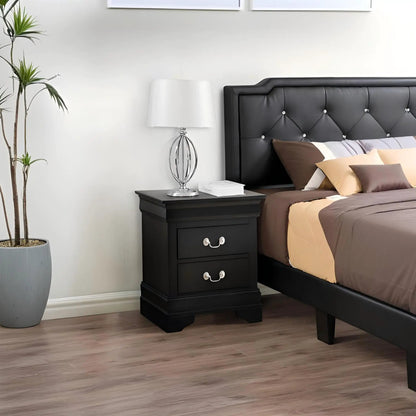 Traditional style bedroom accent nightstand in black with 3 drawers beside tufted headboard on Tampa Home & Garden Store