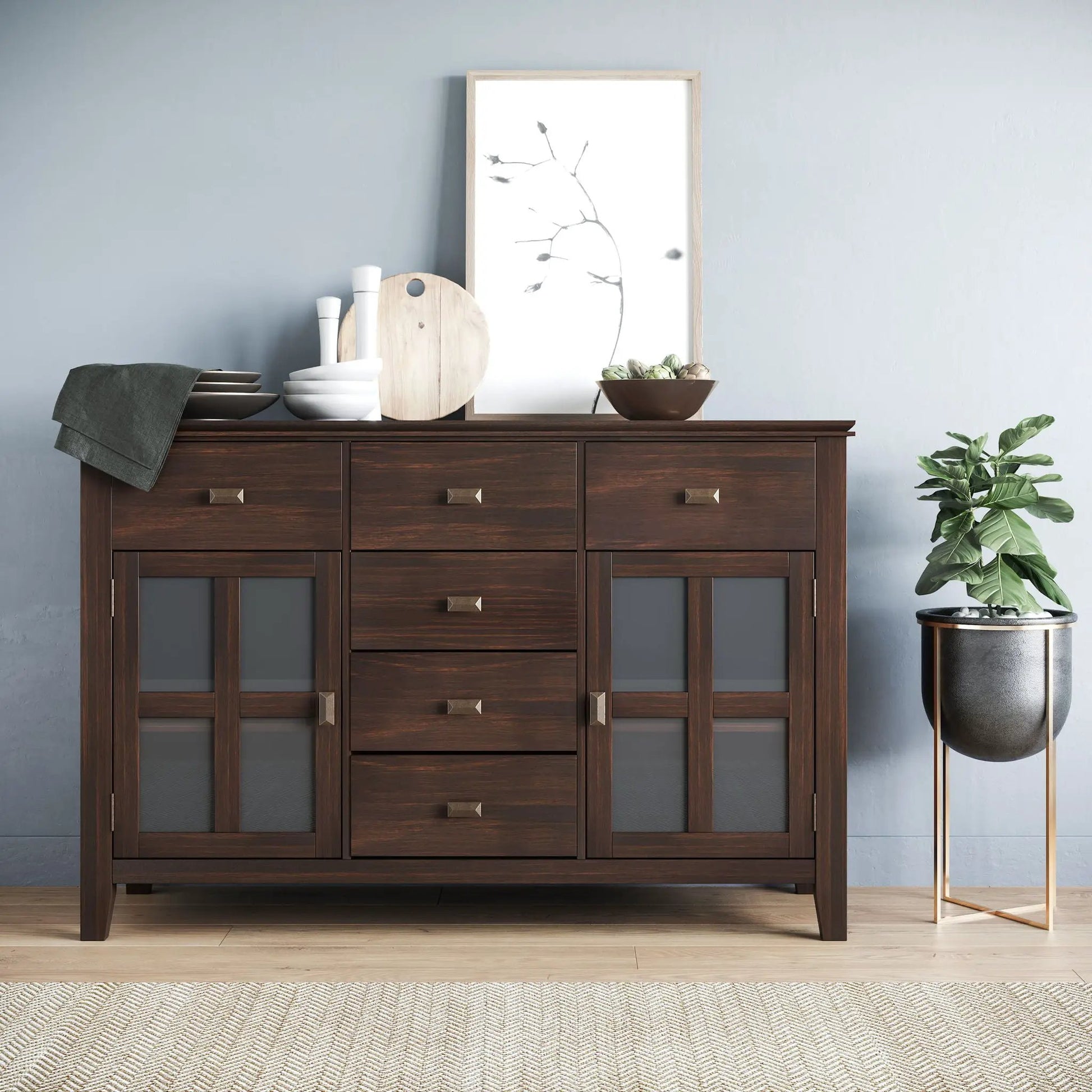 Artisan sideboard buffet in dark wood with glass doors brass hardware by Unique Piece Furniture on Tampa Home & Garden Store