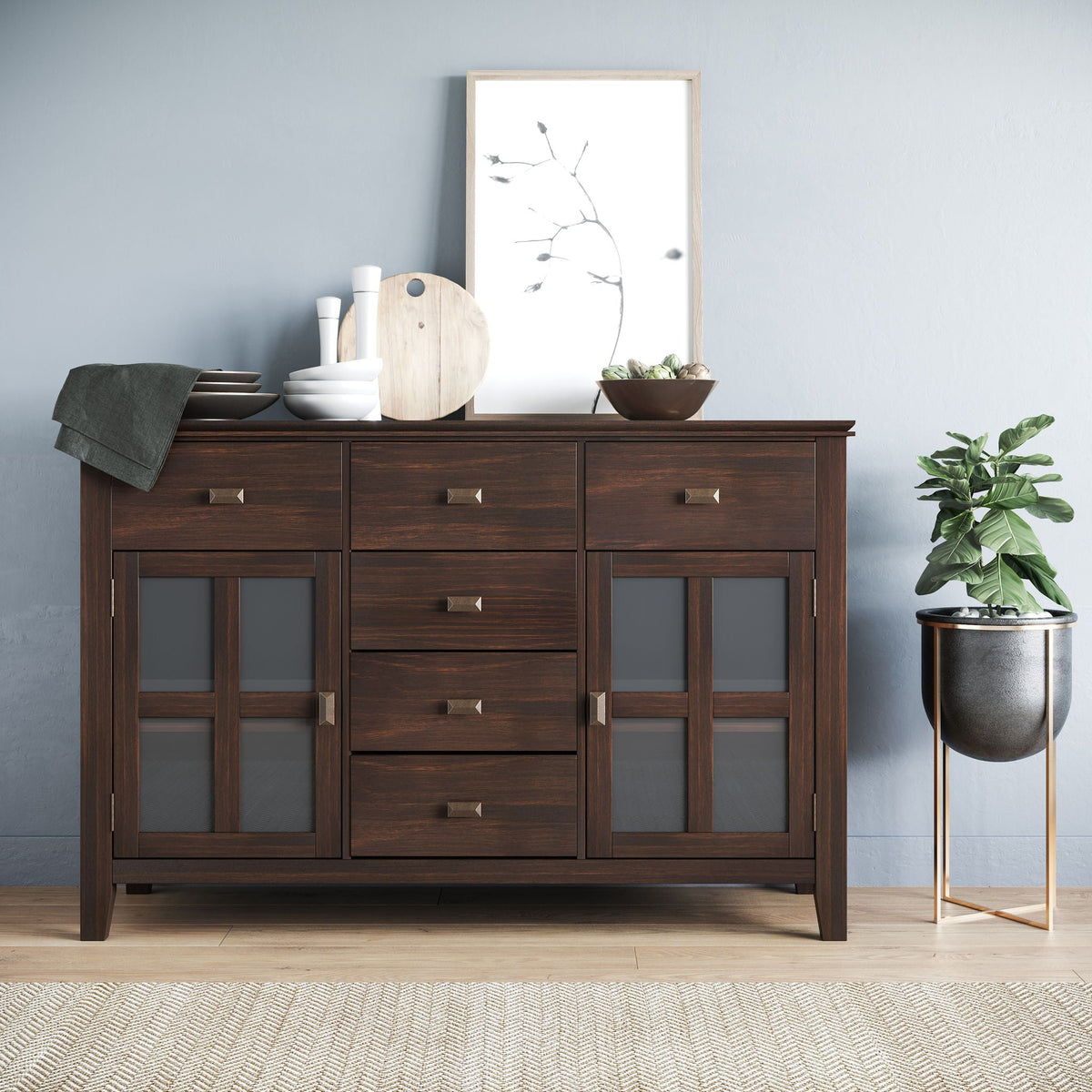 Solid wood sideboard buffet with glass storage, dark walnut finish, HouseOfZazla on Tampa Home & Garden Store