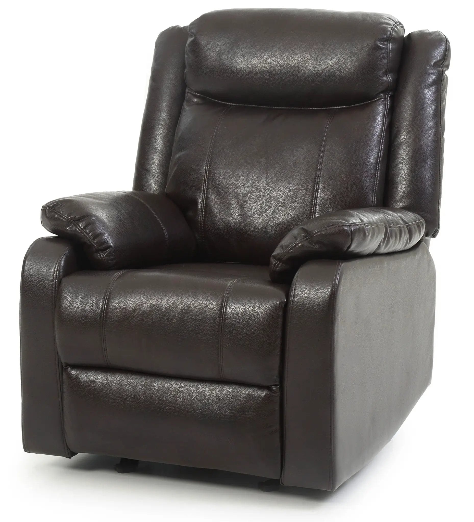 Ward rocker recliner close-up in dark brown leather with padded headrest and armrests on Tampa Home & Garden Store