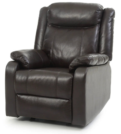 Ward rocker recliner close-up in dark brown leather with padded headrest and armrests on Tampa Home & Garden Store