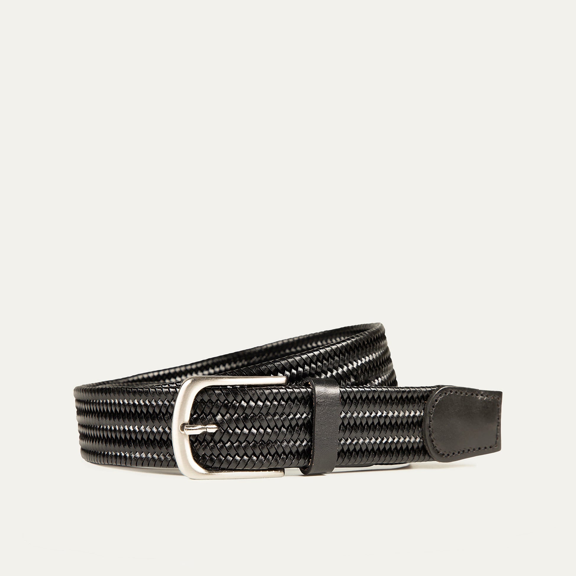 Braided Leather Stretch Woven Belt by Will Leather Goods, black braided strap with silver buckle on Tampa Home & Garden Store