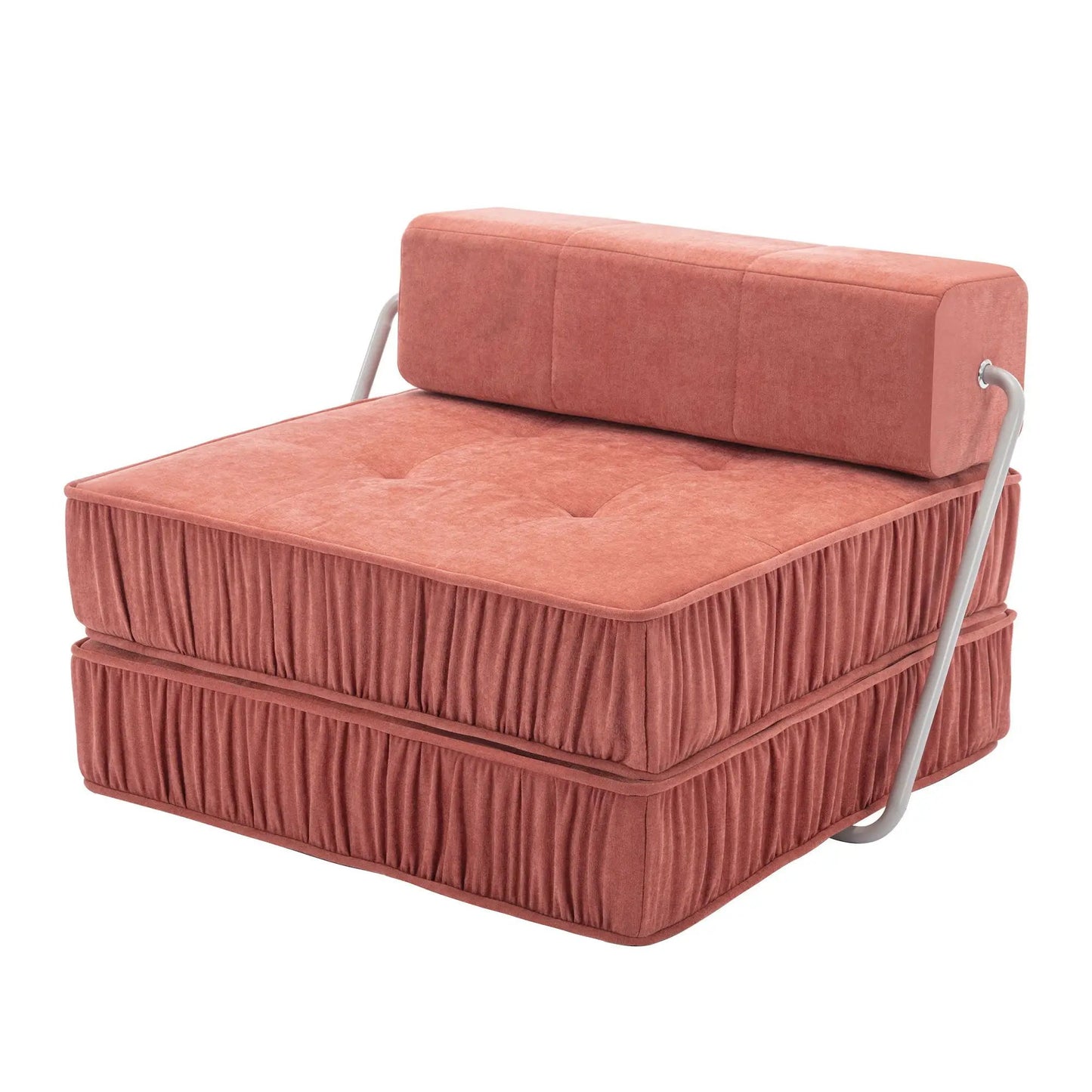 Futon chair in coral pink fabric with removable back cushion and pleated skirt on Tampa Home & Garden Store