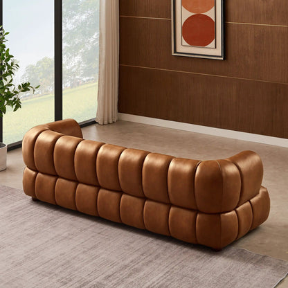 Jasmin Elegant Upholstered Sofa, stationary caramel leather with tufted rounded segments on Tampa Home & Garden Store