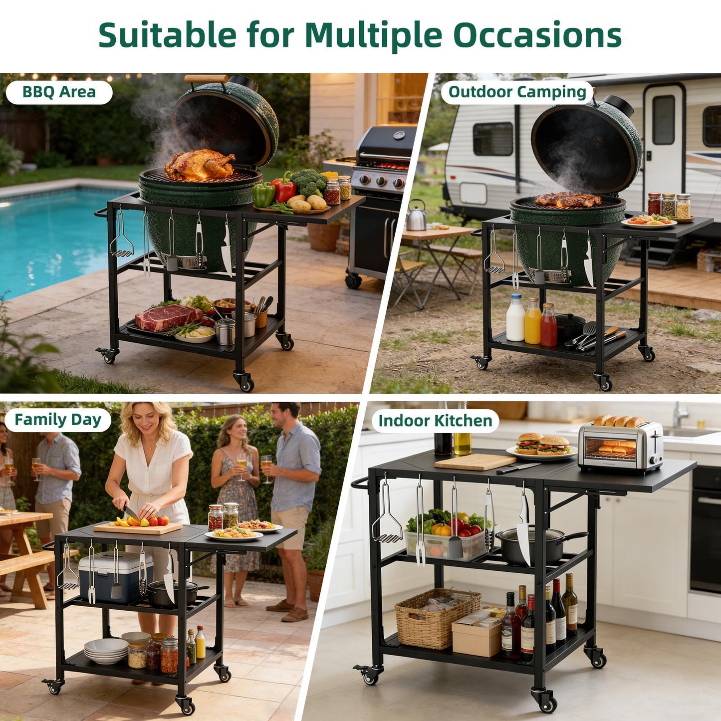 Outdoor Grill Prep Cart With Wheels and Shelves