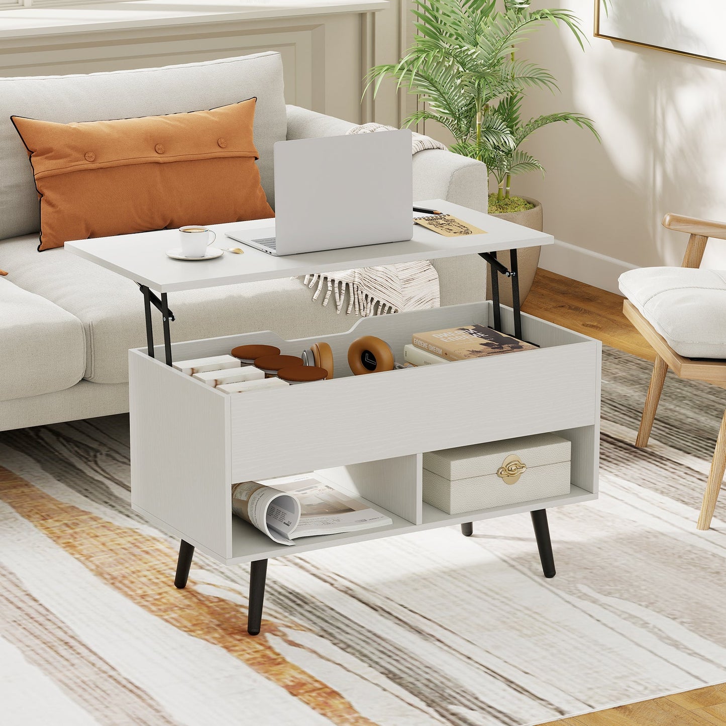 31.5 Inch Lift-Top Coffee Table with Hidden Storage and 2 Open Shelves