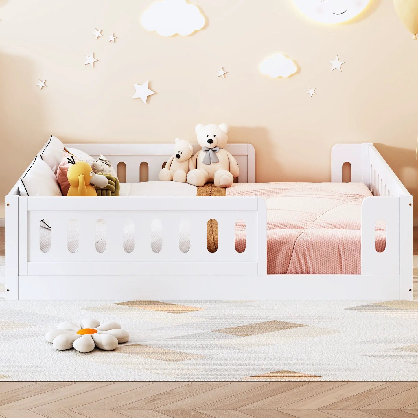 Platform bed with guardrail, white wood frame by Unique Piece Furniture on Tampa Home & Garden Store