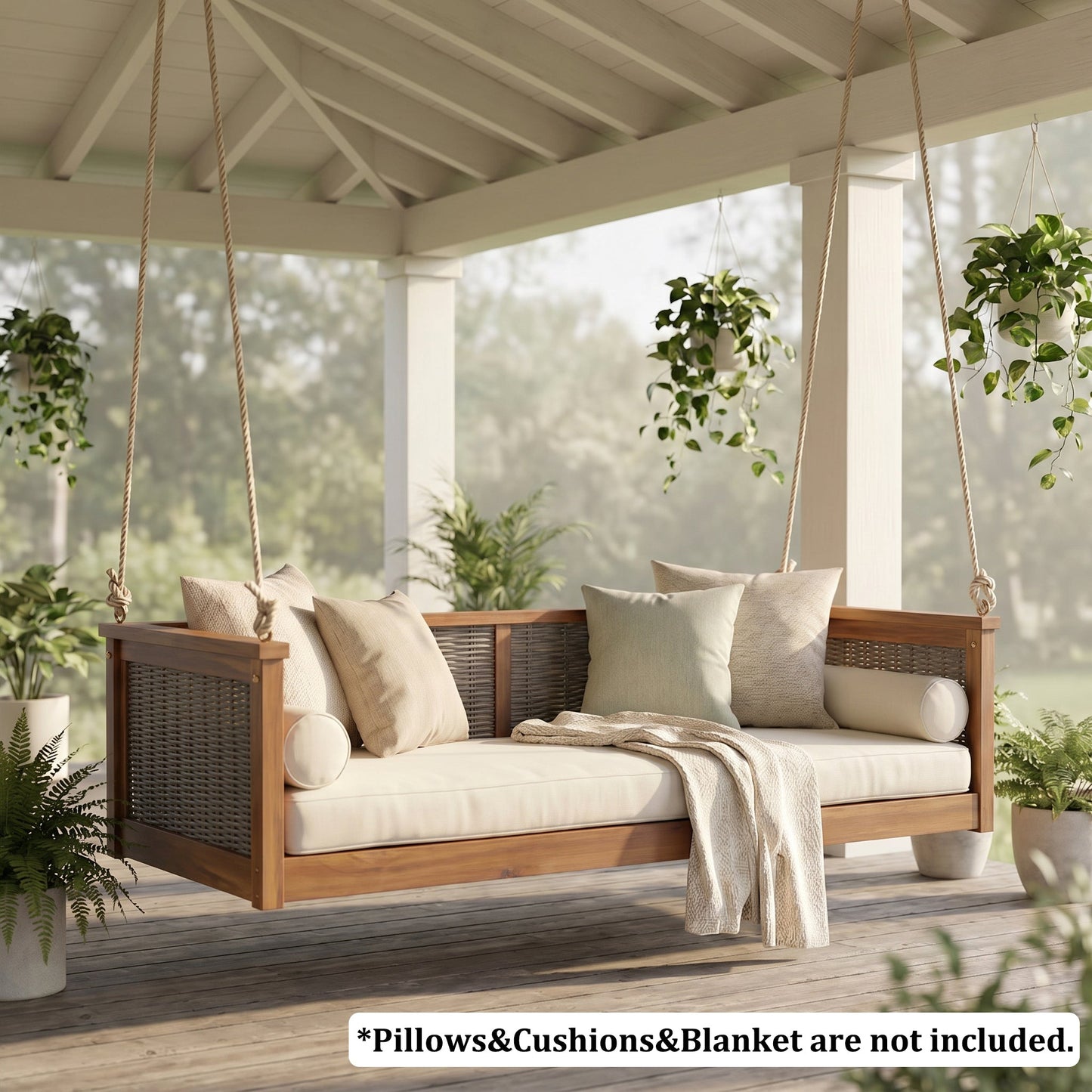 Outdoor Twin Swing Bed With Acacia and Rattan