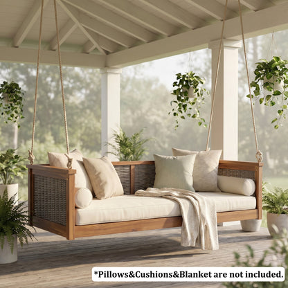 Outdoor Twin Swing Bed With Acacia and Rattan