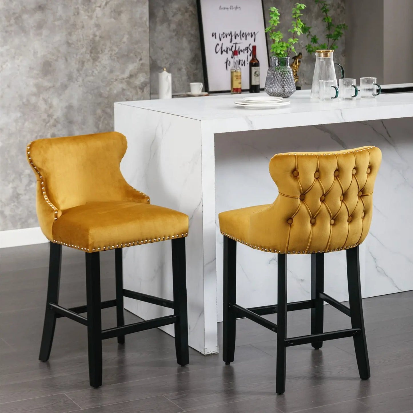 Contemporary Wing-Back Barstools with Tufting