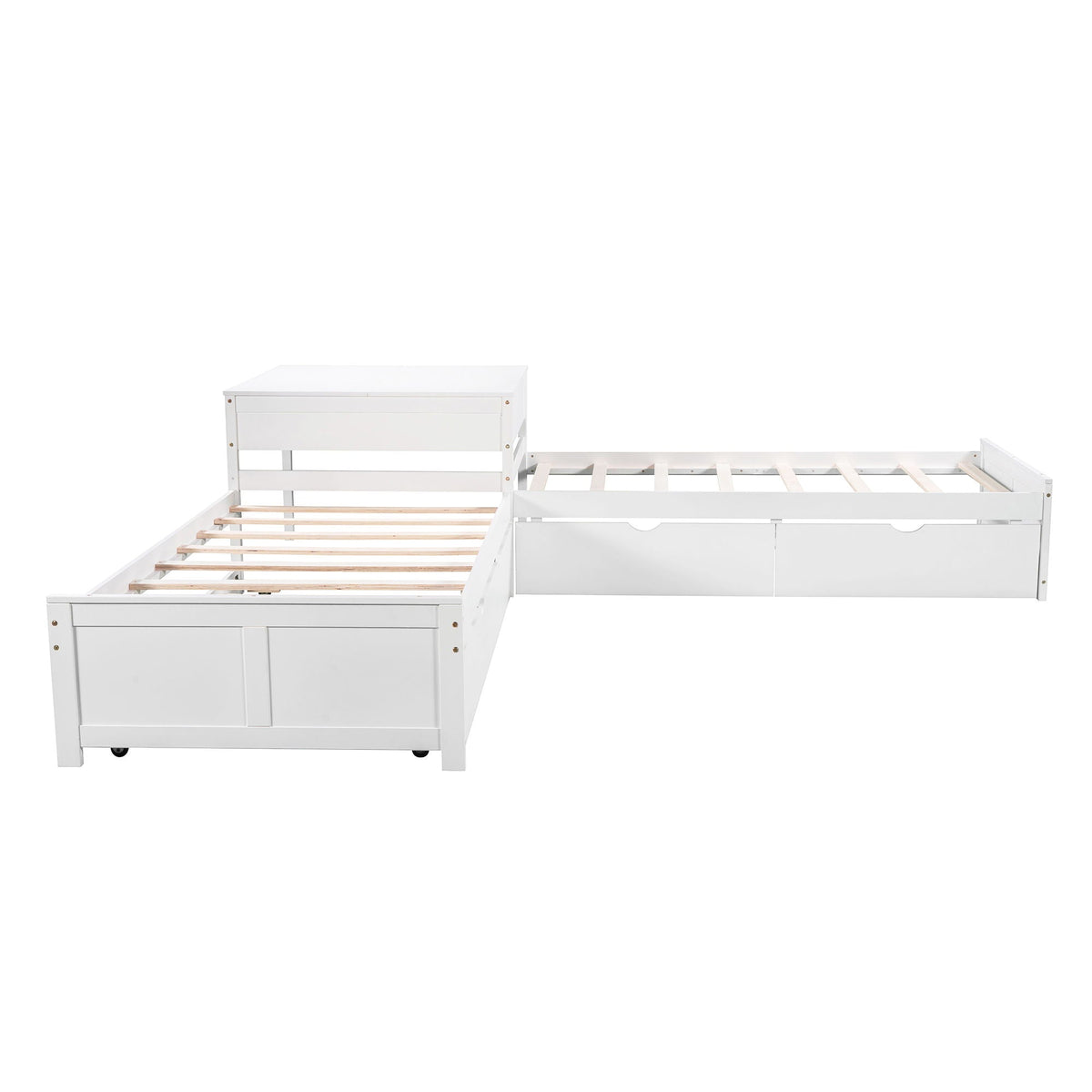 White L-shaped platform bed with built-in desk, trundle and drawer storage by HouseOfZazla on Tampa Home & Garden Store