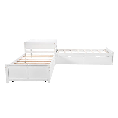 White L-shaped platform bed with built-in desk, trundle and drawer storage by HouseOfZazla on Tampa Home & Garden Store