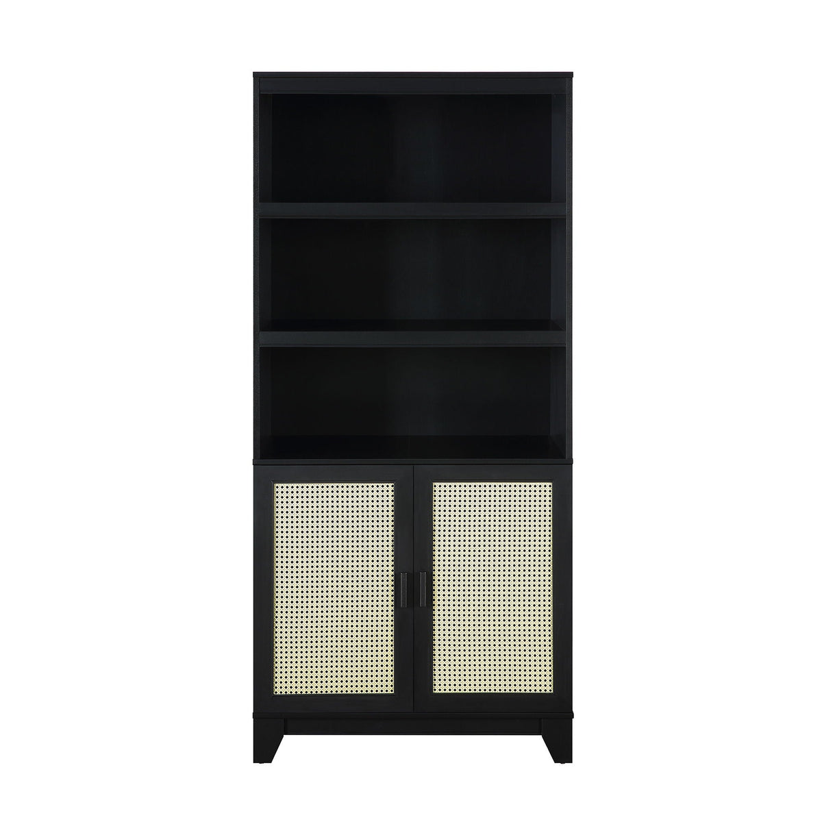 Sheridan Bookcase Cabinet with Modern Cane, black finish, 7-shelf cabinet on Tampa Home & Garden Store