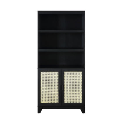 Sheridan Bookcase Cabinet with Modern Cane, black finish, 7-shelf cabinet on Tampa Home & Garden Store