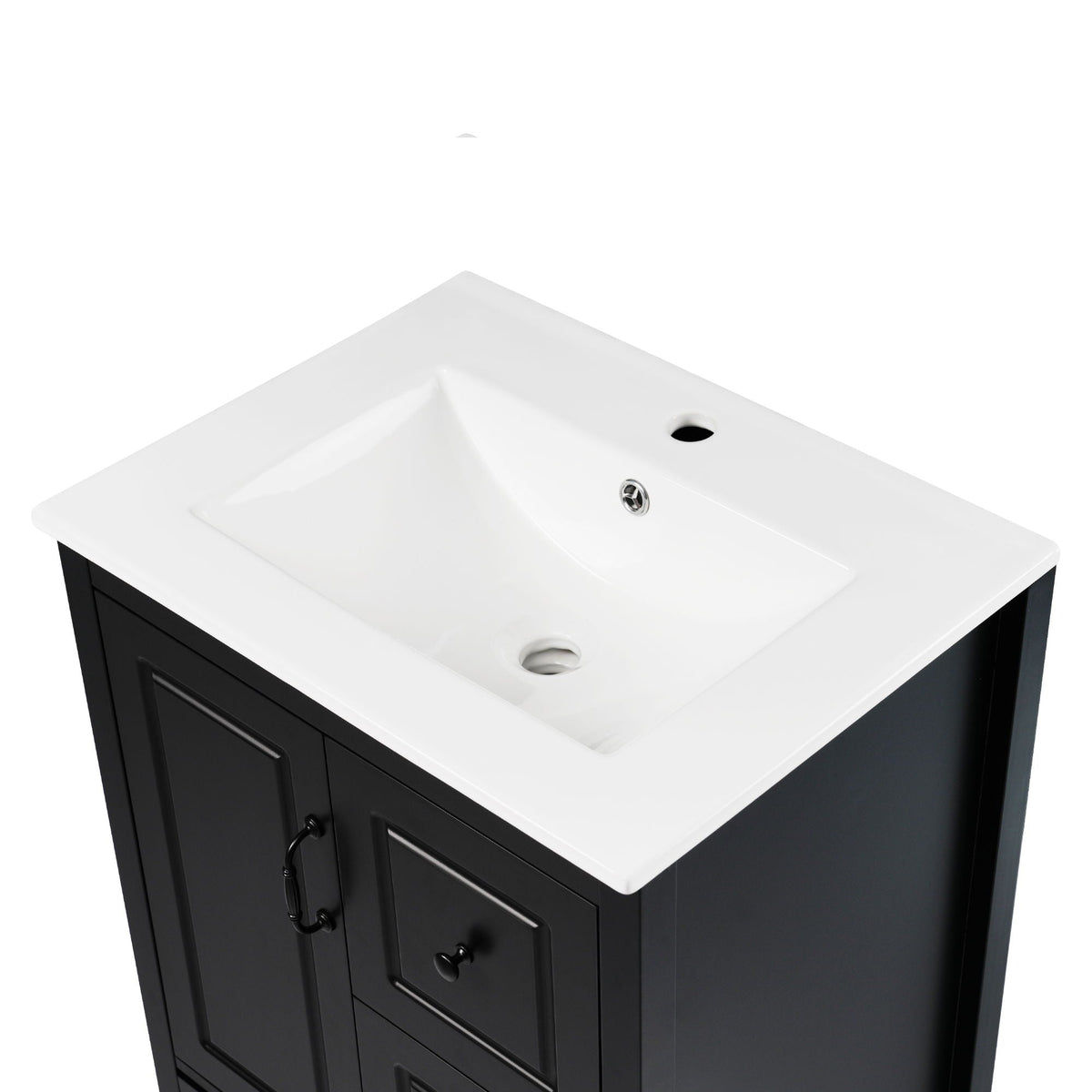 Retro bathroom vanity with ceramic sink and soft closing drawers white top black base on Tampa Home & Garden Store