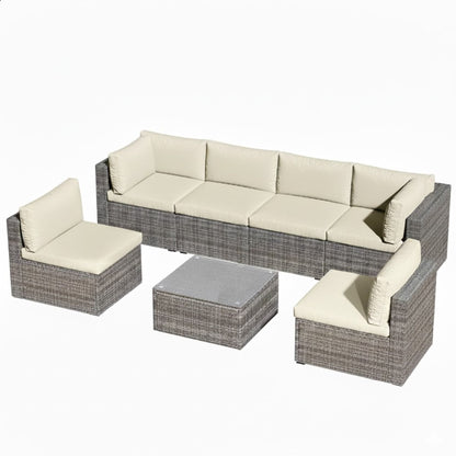 Modern Patio Set With Coffee Table beige cushions and dark wicker on Tampa Home & Garden Store